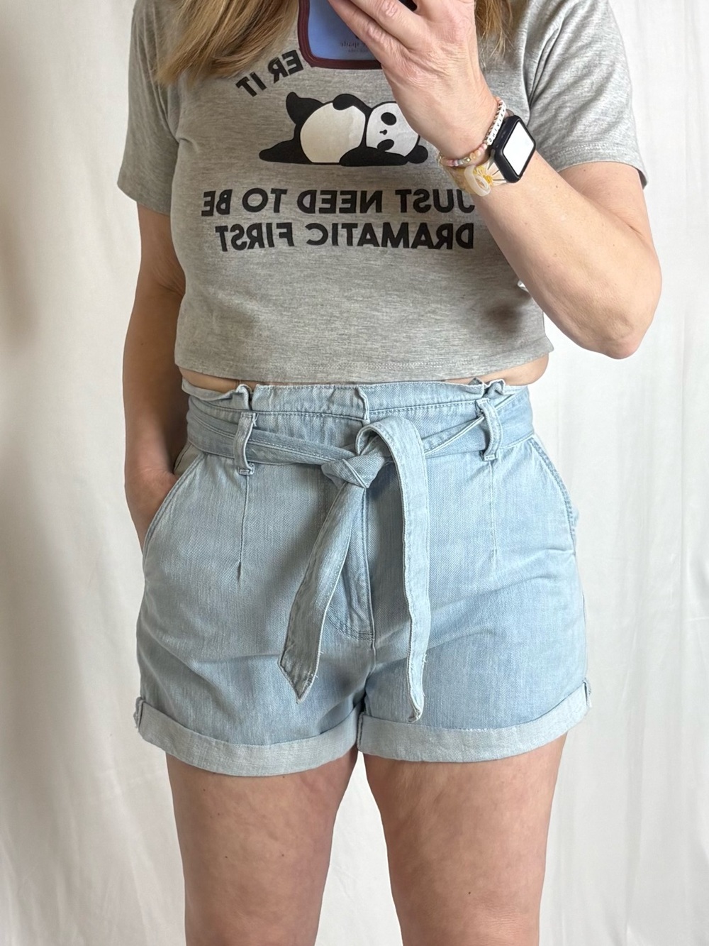 Express Light Blue High-Waist Tie Paperbag Denim Shorts
